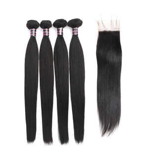 Peruvian Straight Human Hair 4 Bundles With Closure
